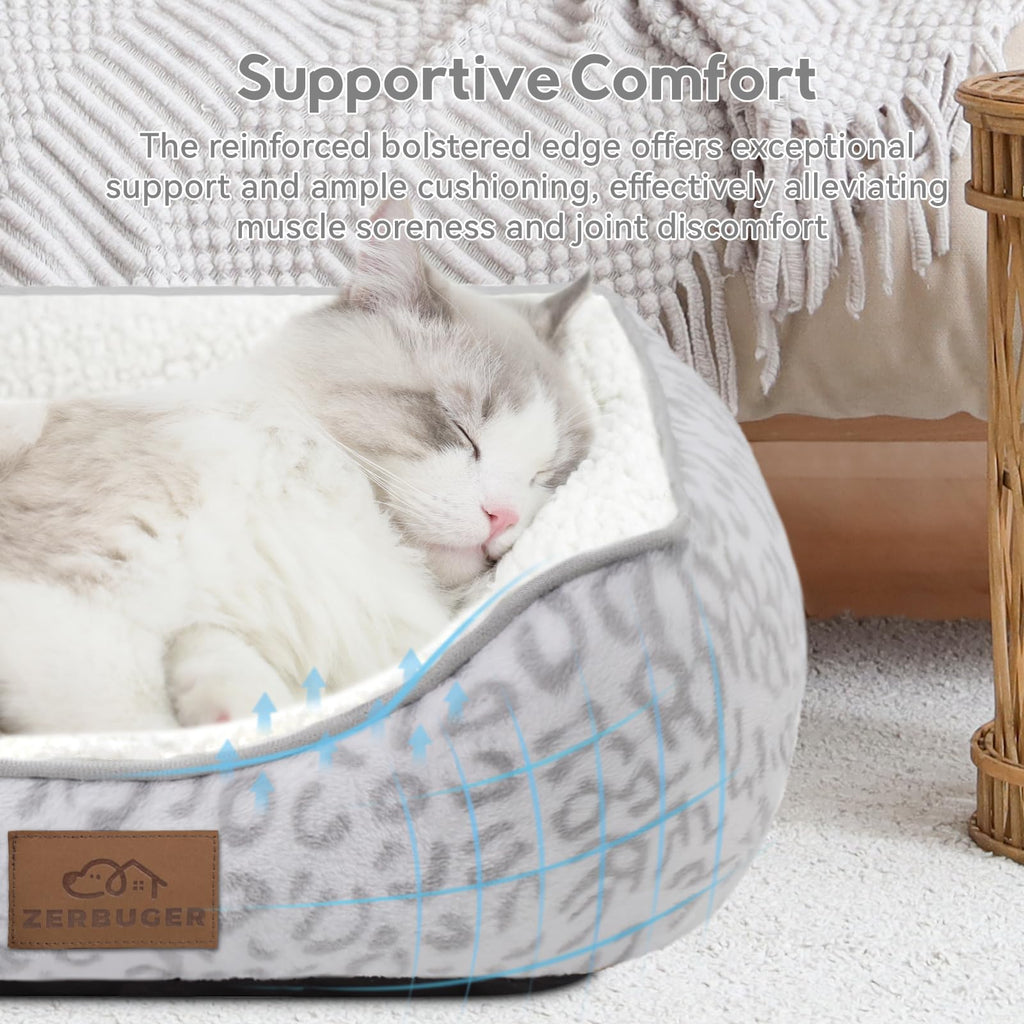Zerbuger Rectangle Cat Dog Bed for Large Medium Small Pets Indoor Outdoor Machine Washable Sleeping Sofa Non-Slip Bottom Soft Puppy Bed Durable Orthopedic Calming Pet Cuddler (Small, White Leopard)