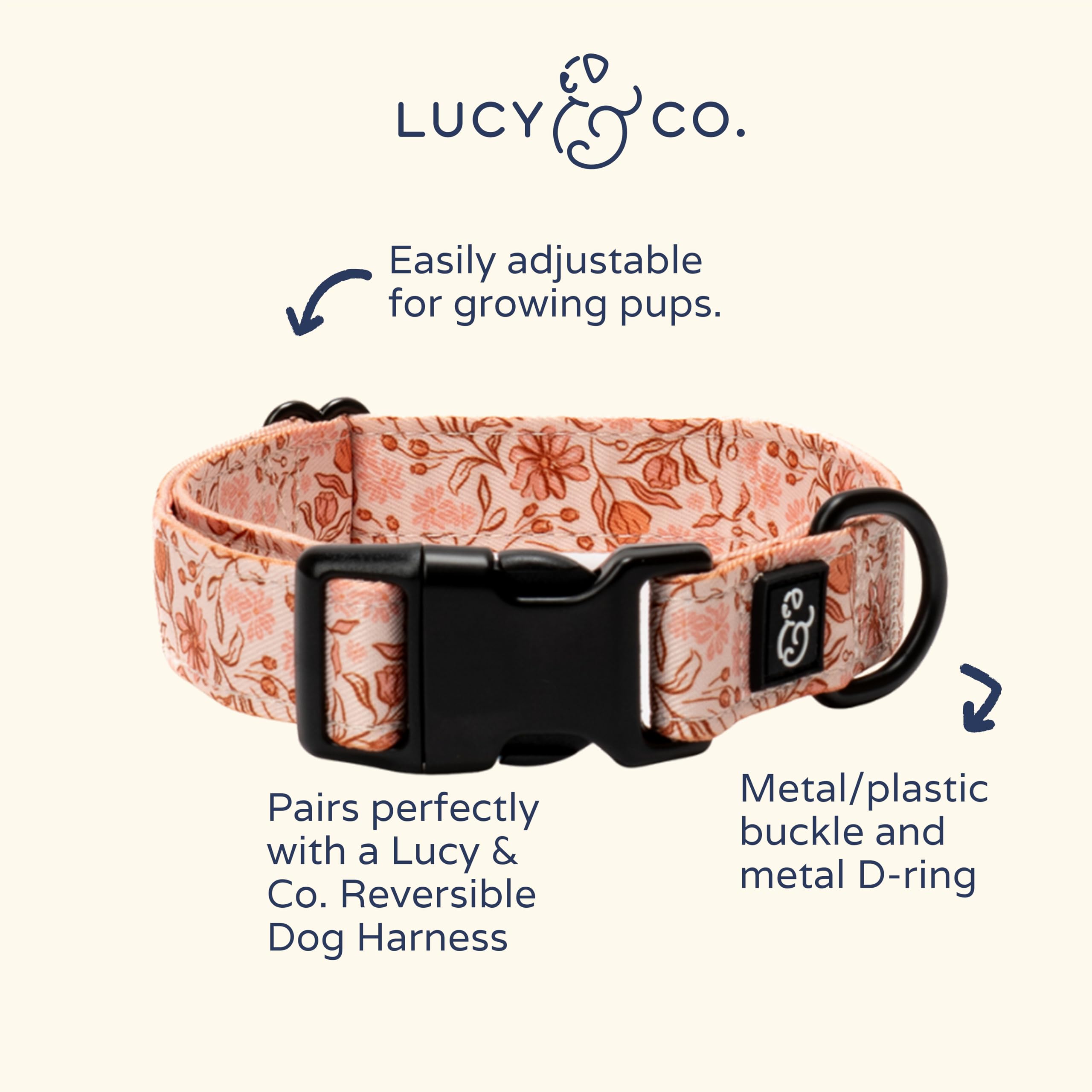 Lucy & Co. Dog Collar - Durable Lightweight Designer Collar for Pets - Adjustable Metal Safety Buckel. - Peach Pink Floral Plaid - Medium