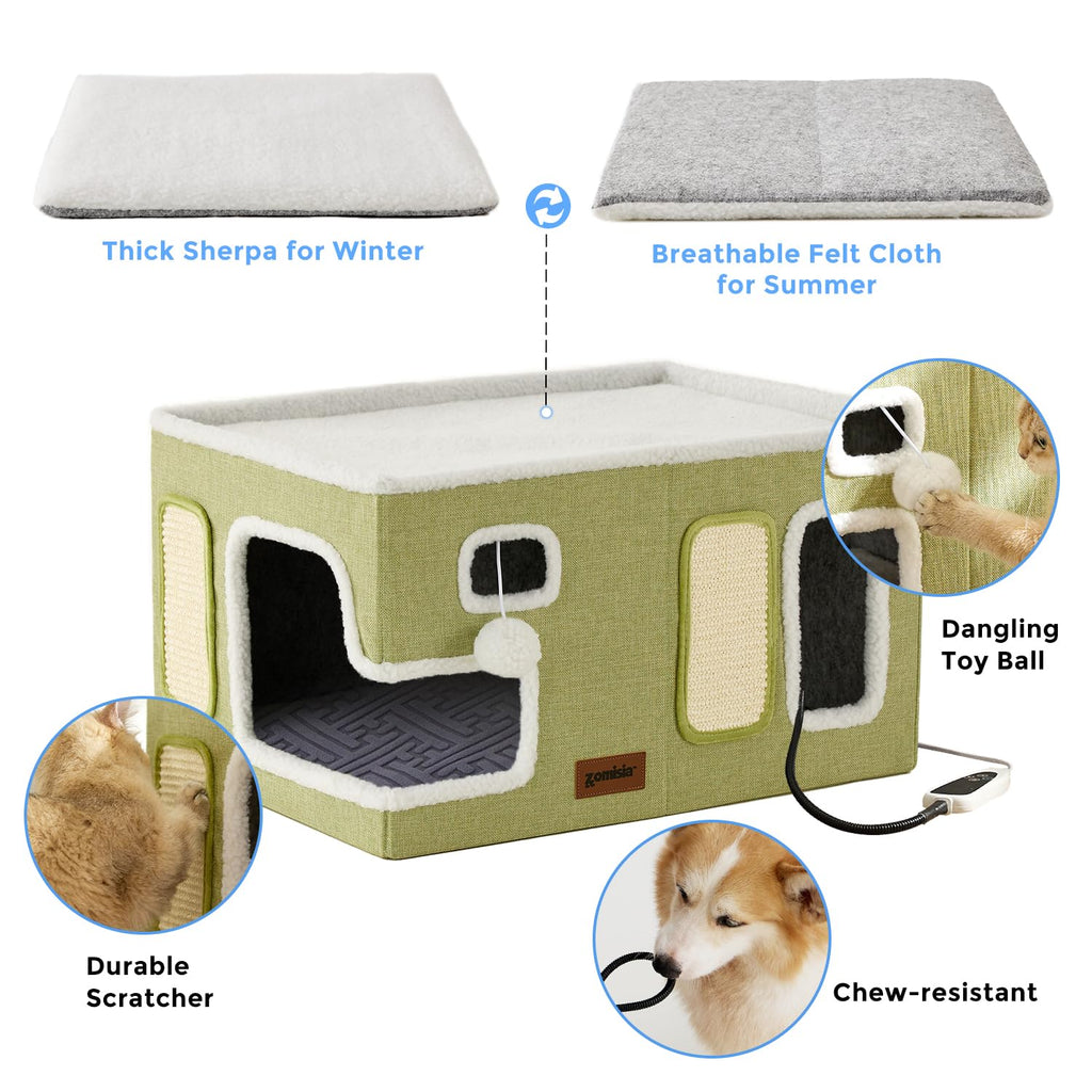 ZOMISIA Heated Cat House for Indoor Cats - Large Cat Warming Bed for Winter with Fluffy Ball Hanging and Adjustable Heating Pad, Foldable Cat Hideaway,23x16.5x13 inches, Navy Blue