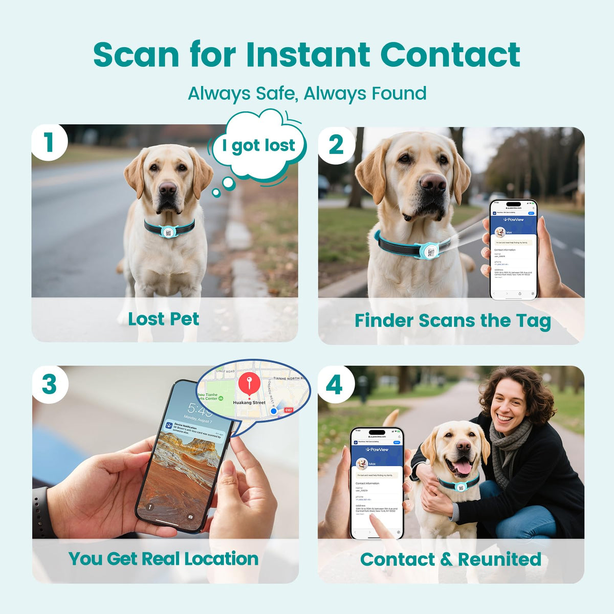 PawView Smart Pet Tracker for Collar - Dog Trackers Location for Pet with Holder, No Monthly Fee, Real-Time Tracking, iOS Only, Emergency Contact, Long-Lasting, Anti-Lost Tracker for Cats, Bag Straps