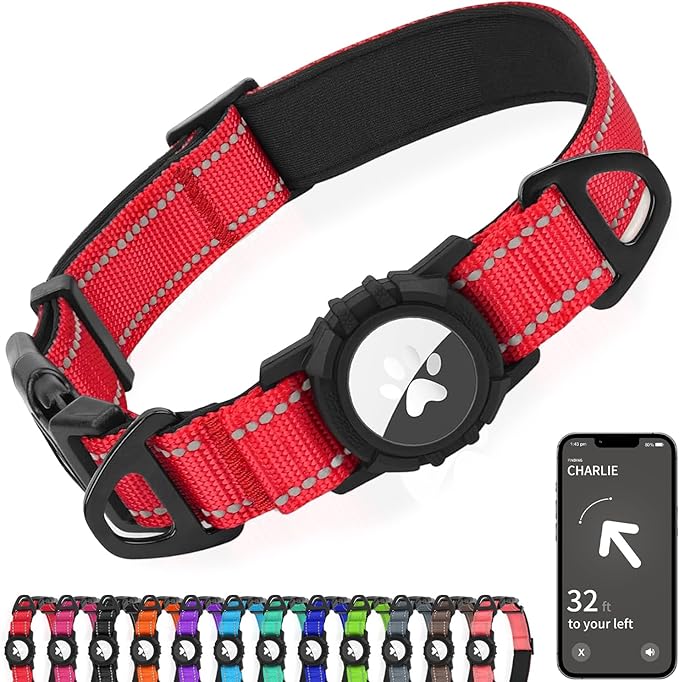 Joytale Airtag Dog Collar, Reflective Pet Collar with Waterproof AirTag Holder, Dual D-Rings, Soft Padded Adjustable for Small Dogs, Red, S