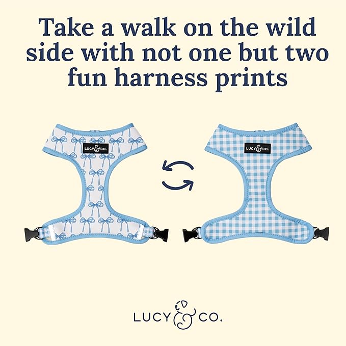 Lucy & Co. Reversible Dog Harness - Water-Repellent Neoprene, Dual-Print Design, Easy Swap Style, Adjustable Comfort Fit - Bowwow Wow! Reversible Harness - Medium