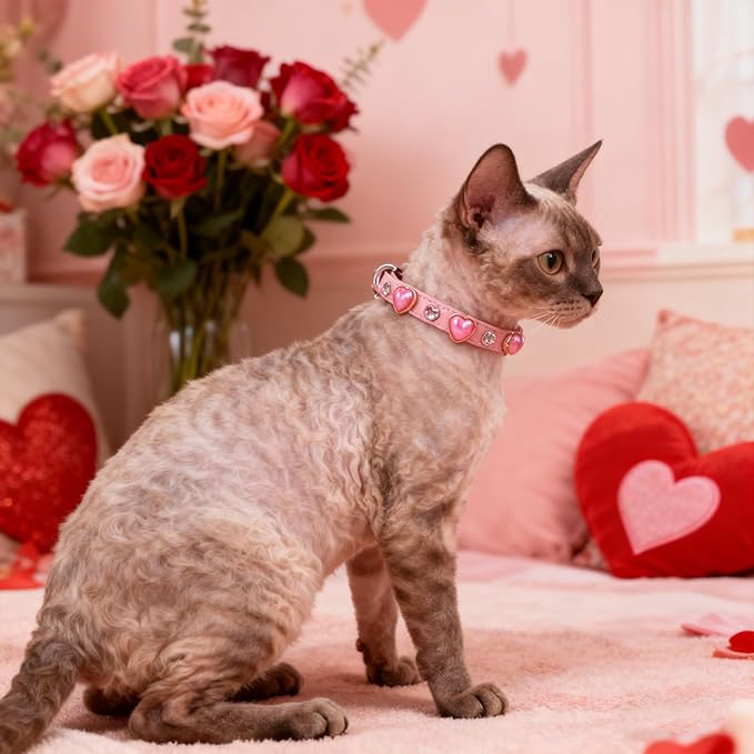 EXPAWLORER Leather Cat Collar for Girl Boy Cats,Pink(Heart Diamond Rivet)