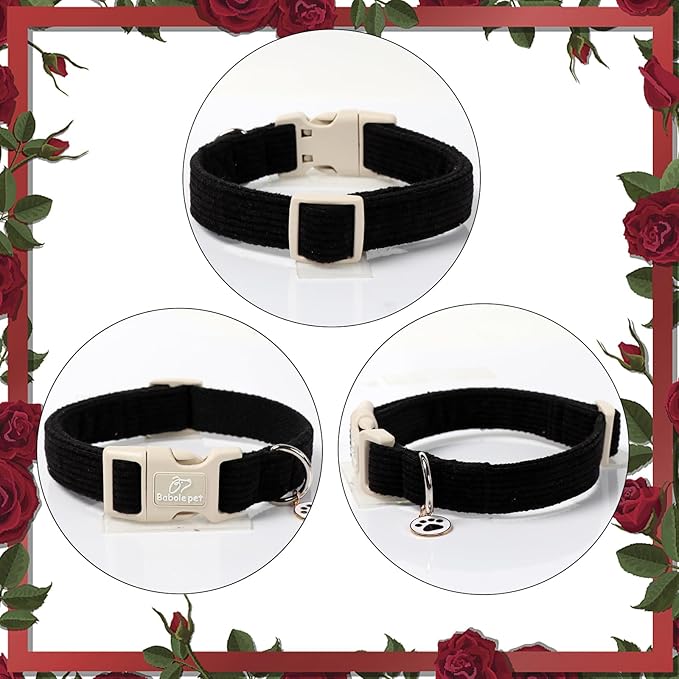 Babole Pet Cute Corduroy Dog Collar - Black Adjustable Dog Collars for Small Dogs 10-25lbs, Fade-Proof with Secure Snap & Little Charm, Christmas Birthday Gift, S
