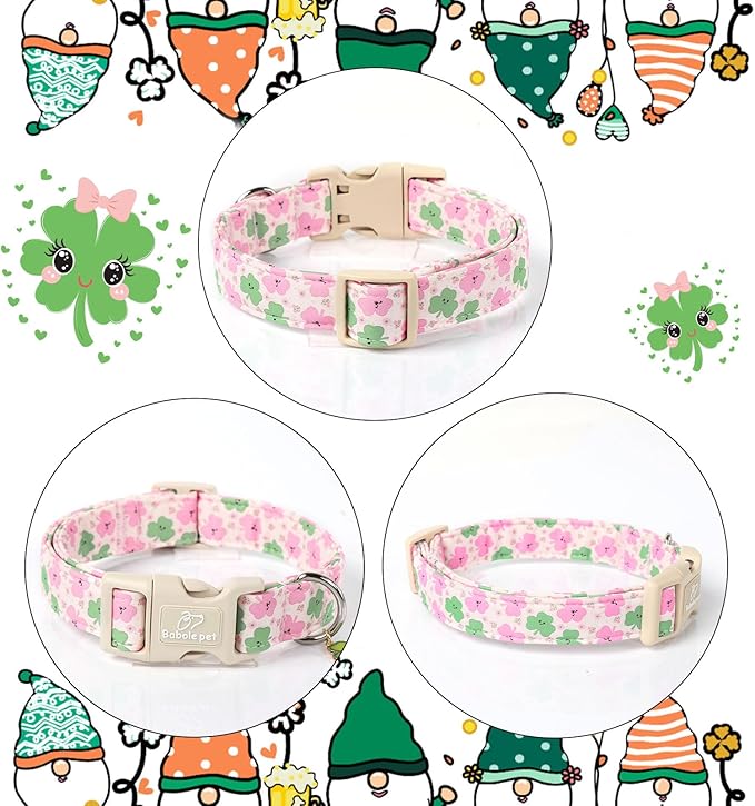 St Patricks Day Dog Collar for Small Dogs - Cute Light Pink Shamrock Girl Dog Collars, Adjustable Irish Clover Puppy Collar with Quick Release Buckle XS