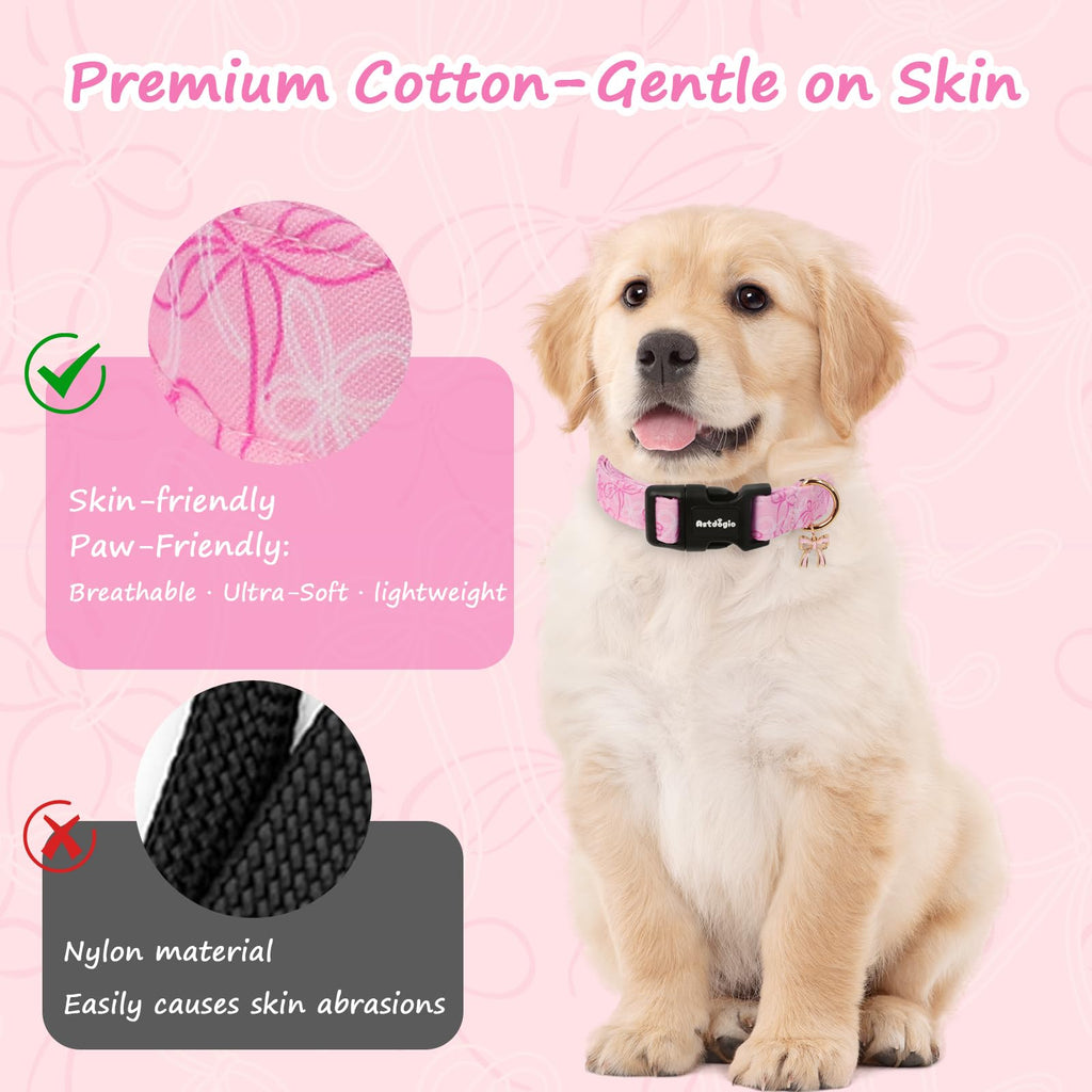 Astdogio Extra Small Dog Collar, Girl Boy Dog Collars with Bow Pattern, Adjustable Cotton Pink Dog Collar for Puppy, Cute Holiday Collars for Dogs, Ideal for Gifts,Pet Accessory,Daily Walk-XS