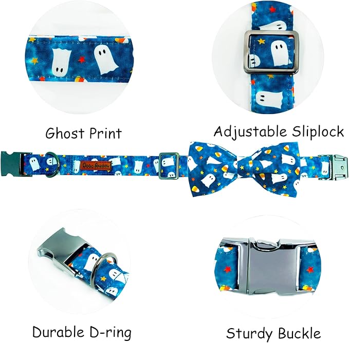 Bobo Rainbow Halloween Dog Collar, Ghost Print Adjustable Pet Collar Blue Cute Cotton Soft Collars with Bow Tie Fall Metal Buckle Holiday Puppy Collars Boy&Girl Gift for X-Small Dogs