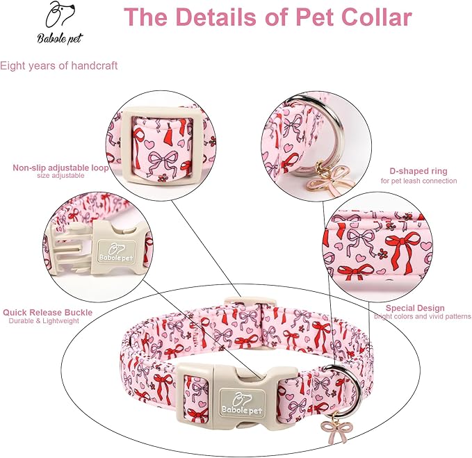 Babole Pet Girl Dog Collar for Medium Dogs - Cute Heart Bow Print Girly Dog Collars, Soft Adjustable Spring/Summer Holiday Female Dogs Collar with Quick-Release Buckle M