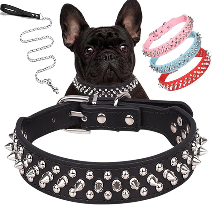 haoyueer Spiked Dog Collar Soft Pu Leather Mushrooms Rivet Spike Studded Puppy Adjustable Pet Collars for Small Breeds (L, Black Set)