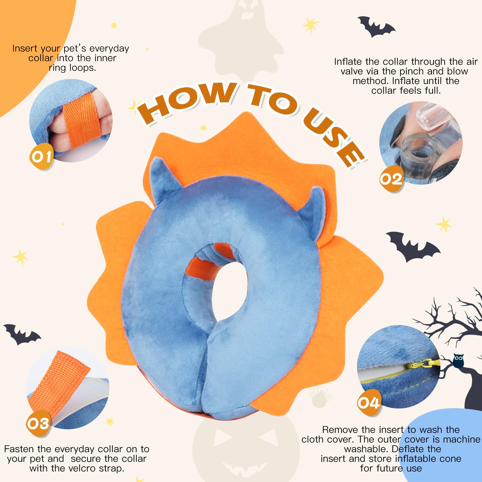 IEUUMLER Inflatable Recovery Dog Collar, Protective Donut Cone, Adjustable Soft Collar for Dog and Cat After Surgery Prevent from Biting & Scratching EU002 - Blue Demon L+