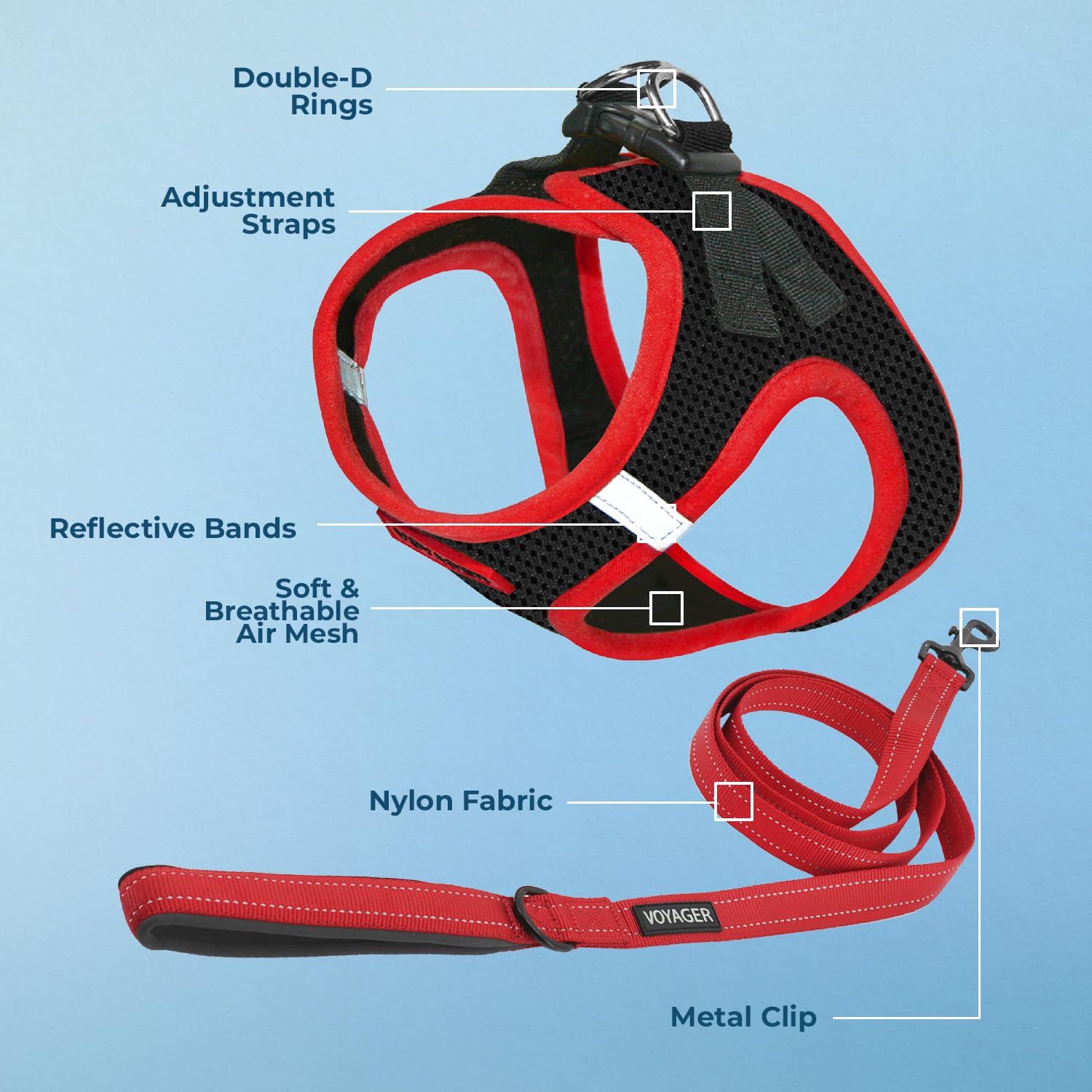 Best Pet Supplies Voyager Step-in Air All Weather Mesh Harness and Reflective Dog 5ft Leash Combo with Neoprene Handle, for Small, Medium and Large Breed Puppies - Red Trim, Medium