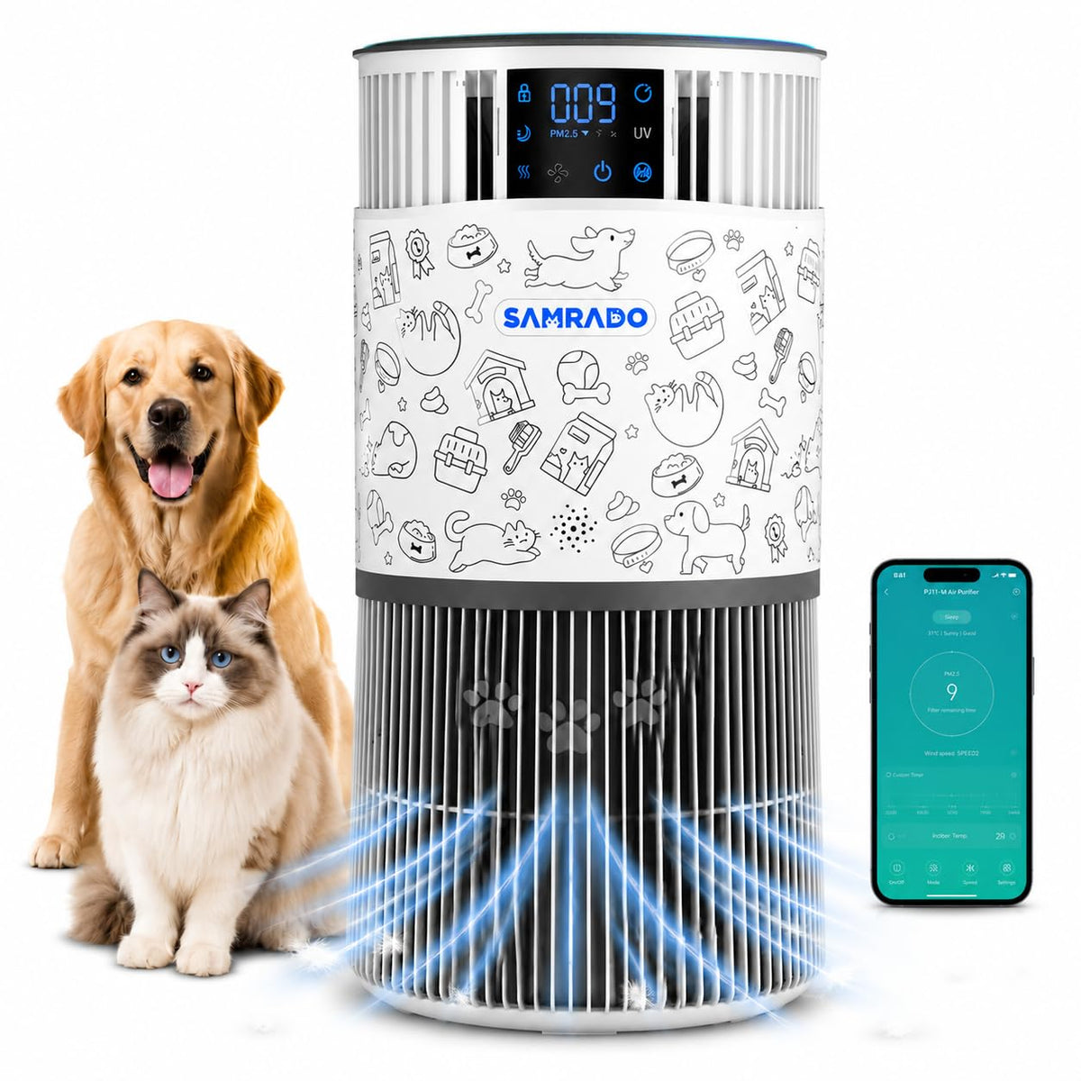 Samrado Pet Air Purifier for Large Rooms, H13 HEPA, Washable Pre-Filter