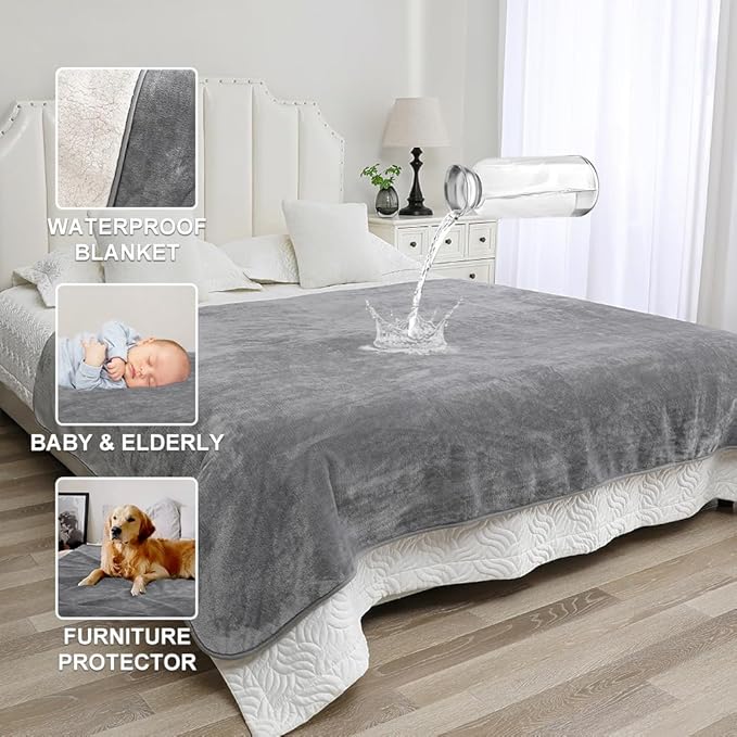 Waterproof Bed Blanket - Reversible Sherpa Throw with Leak-Resistant TPU Layer - 80x60 Stain Resistant, Machine Washable Bed Protector for Couch, Bed & Pets