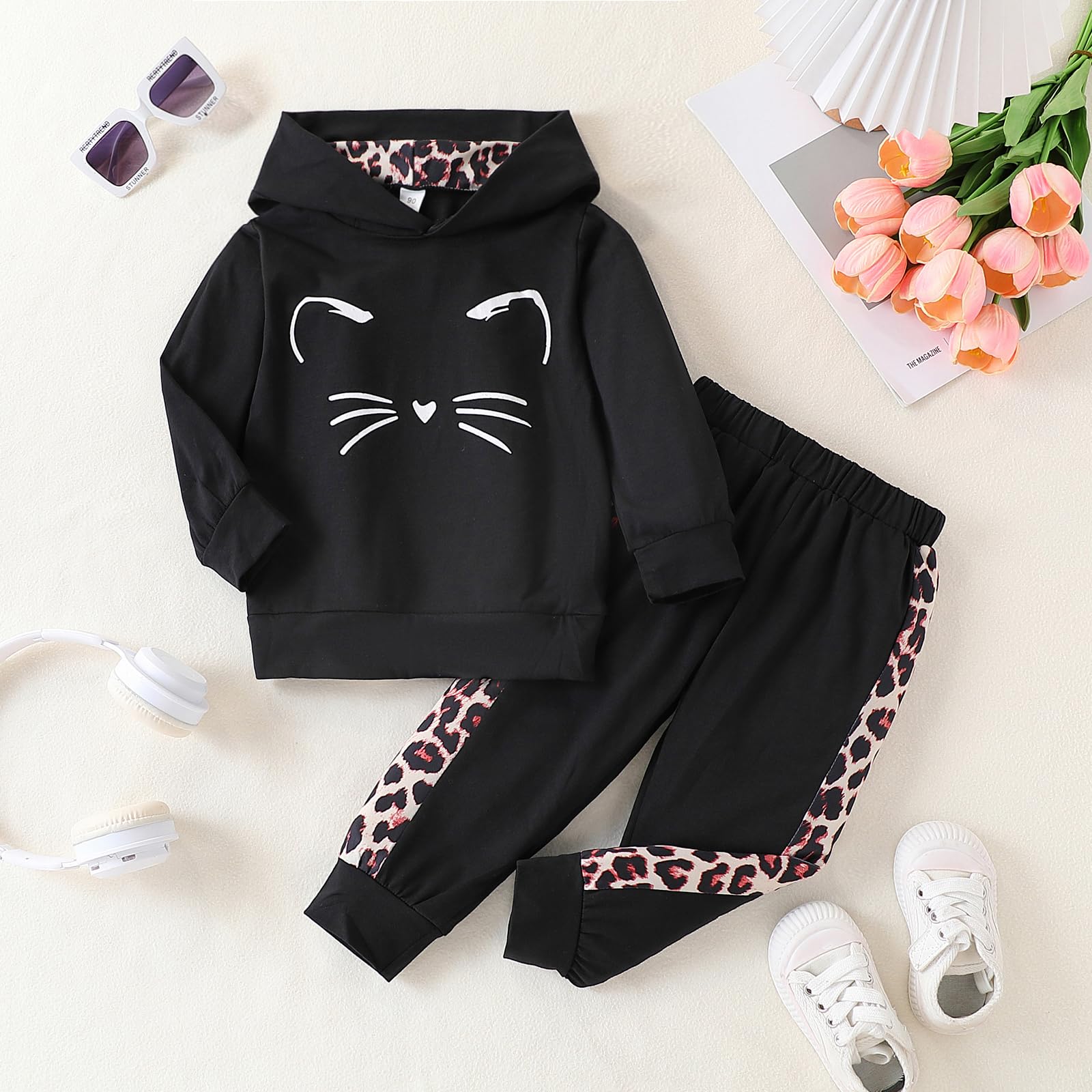 Axumity Kid Toddler Girl Clothes Long Sleeve Leopard Hooded Sweatshirt Top + Colorblock Pants 2PCS Cat Winter Outfit Set(Pink,7-8T)