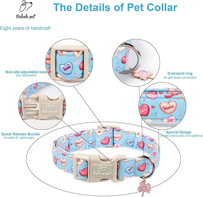 Babole Pet Valentines Dog Collar for Medium Dogs - Valentine Candy Hearts Dog Collars, Love Boy Girl Dogs Collars, Lightweight Adjustable Cute Blue Puppy Collar with Quick-Release Buckle M