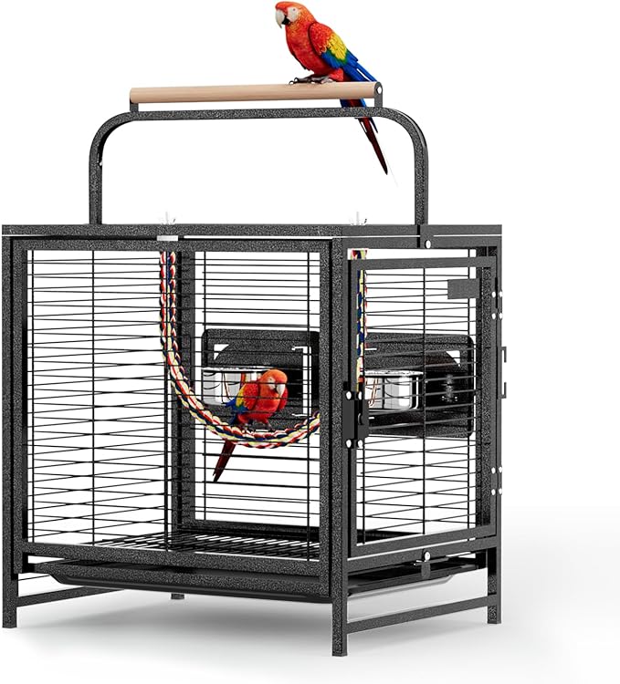 VINGLI Small Bird Cage, 19 inch Travel Carrier Bird Cage with Handle, Wrought Iron Parakeet Cage with Wooden Perch for Parrot Lovebirds Finches Small/Medium Birds (Hammertone Black)