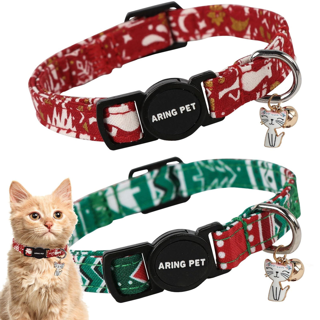 ARING PET 2 Pack Christmas Cat Collars-Cute Cat Collar Breakaway with Bell&Pendant, Adjustable Red Green Kitten Collars with Safety Buckle for Girl and Boy Cats