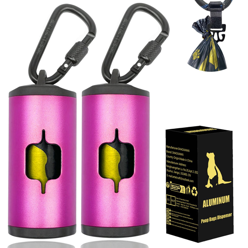 Metal Dog Poop Bag Holder 2-Pack w/Leash Clip|Durable Scratch-Resistant Aluminum|30 Bags+6 Accessories（Pink)