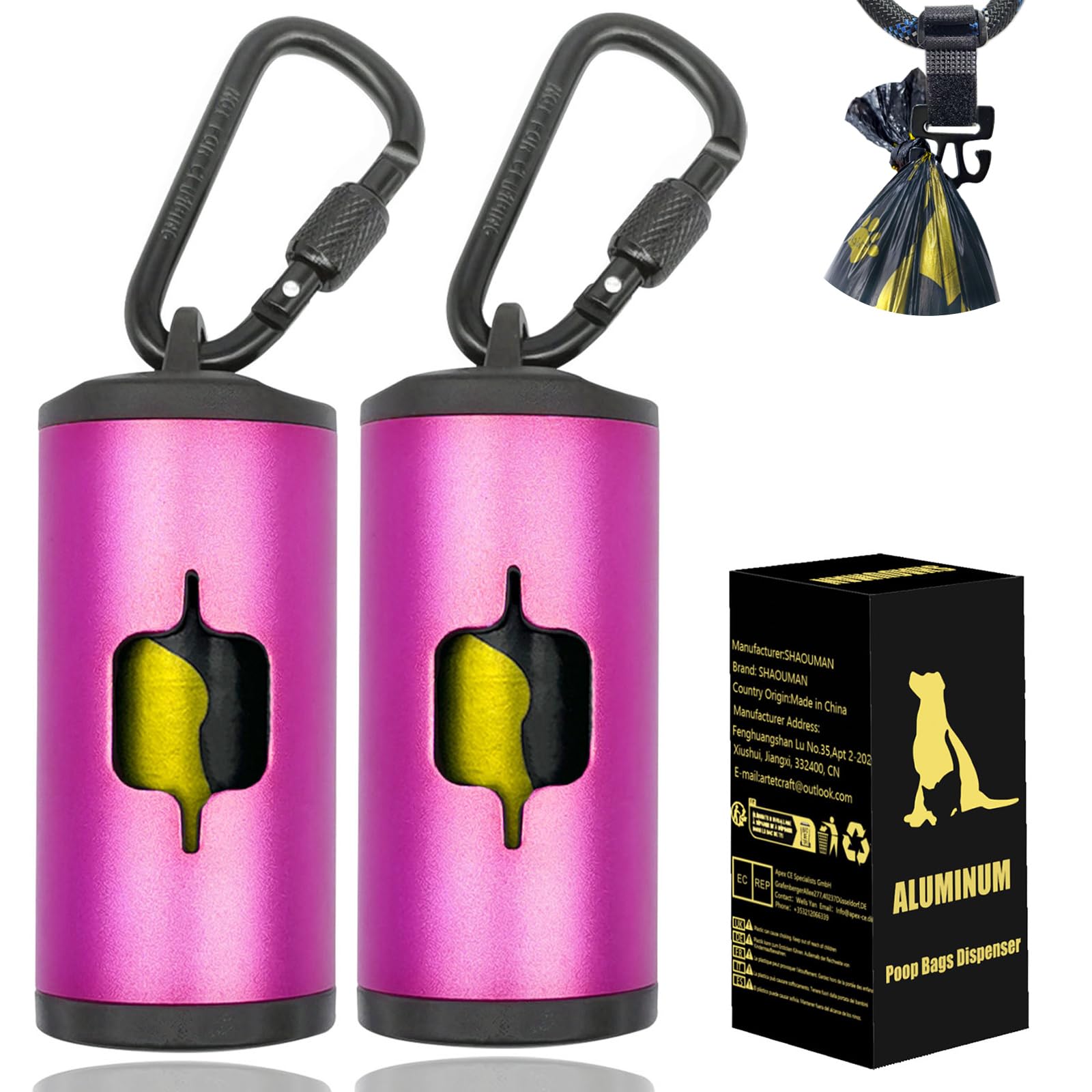 Metal Dog Poop Bag Holder 2-Pack w/Leash Clip|Durable Scratch-Resistant Aluminum|30 Bags+6 Accessories（Pink)