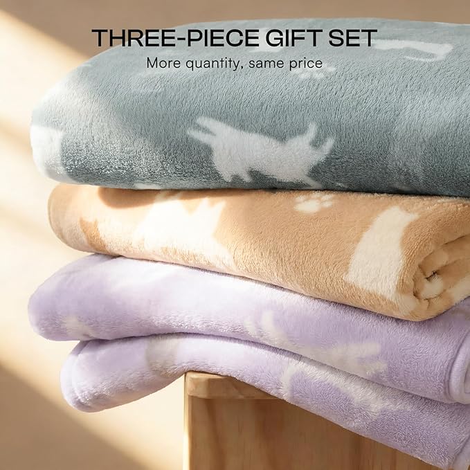 Luciphia 1 Pack 3 Dog Printed Fleece Pet Blankets Washable，Soft Warm Throw Covers for Crate Couch Bed，Cozy Puppy Essentials for Dogs and Cats，Purple/Grey/Khaki, Large (41x31 inch)