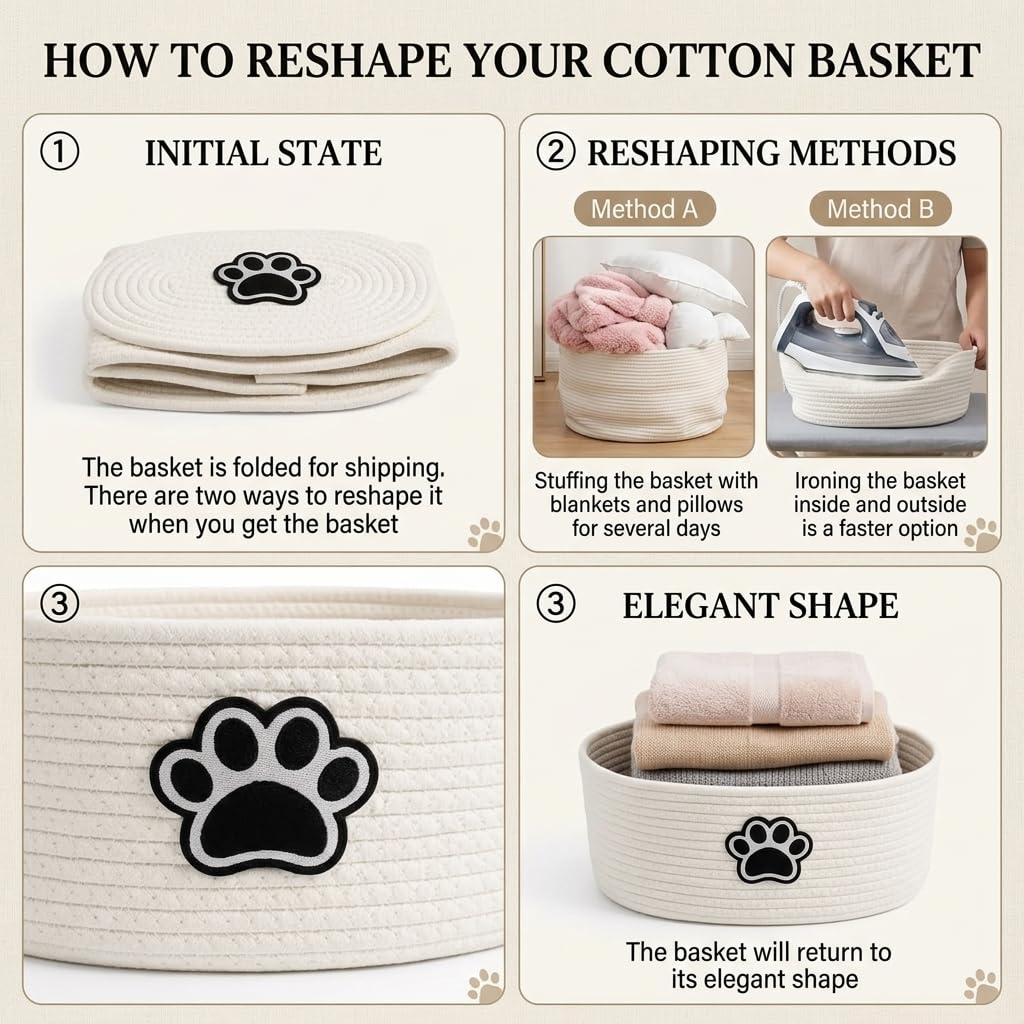 Woven Basket,Dog Toys Basket with Handle,Cute Cotton Gift Baskets Empty for Puppy Leash,Blanket Food, Accessories Pet and Household Storing