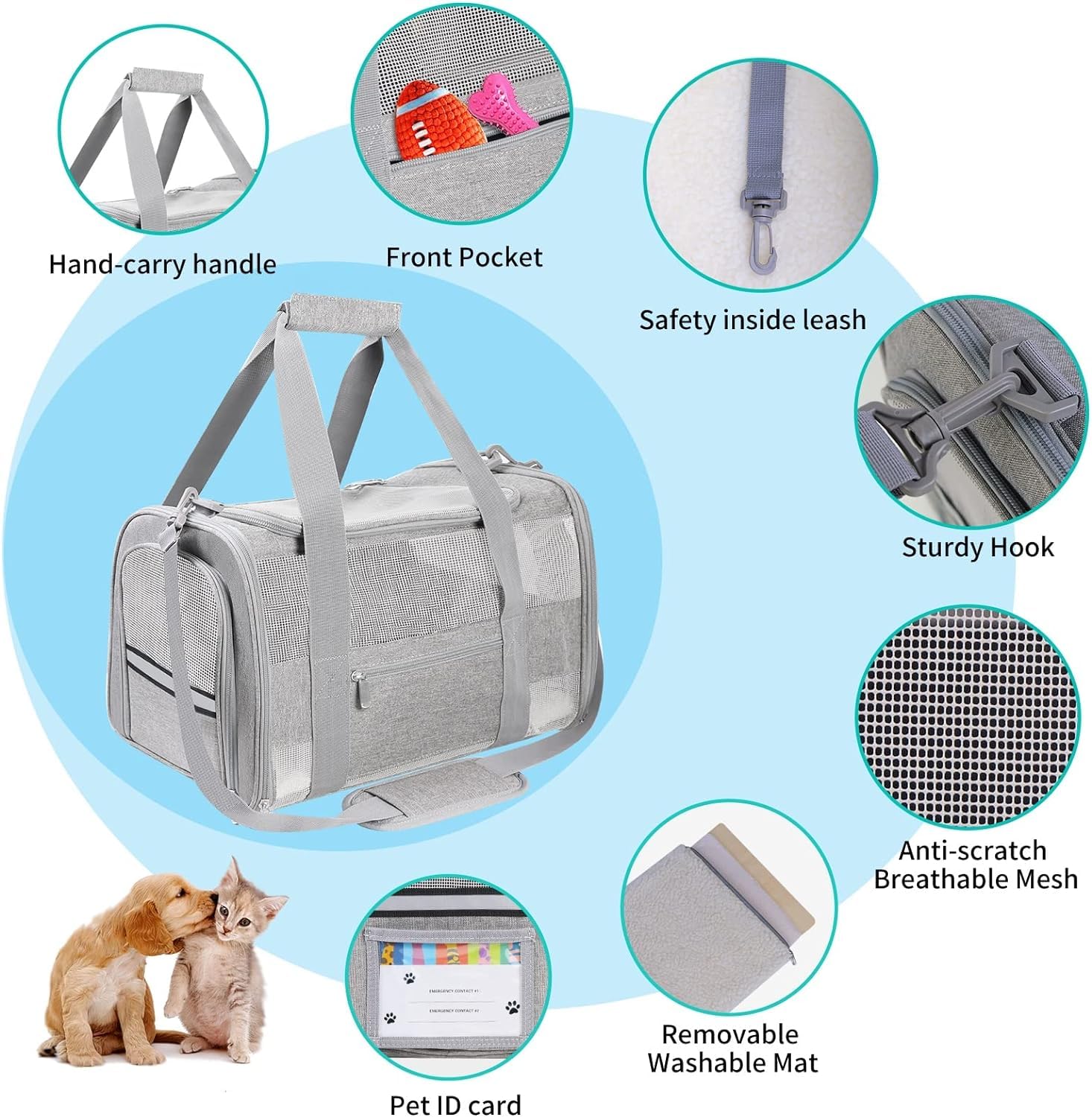 Simpelg Airline Approved Cat Carrier Soft-Sided Pet Carrier for Cats and Small Dogs 17“ Under Seat Travel Carrier TSA Approved with Foldable Bowl Breathable Mesh Collapsible & Machine Washable, Grey