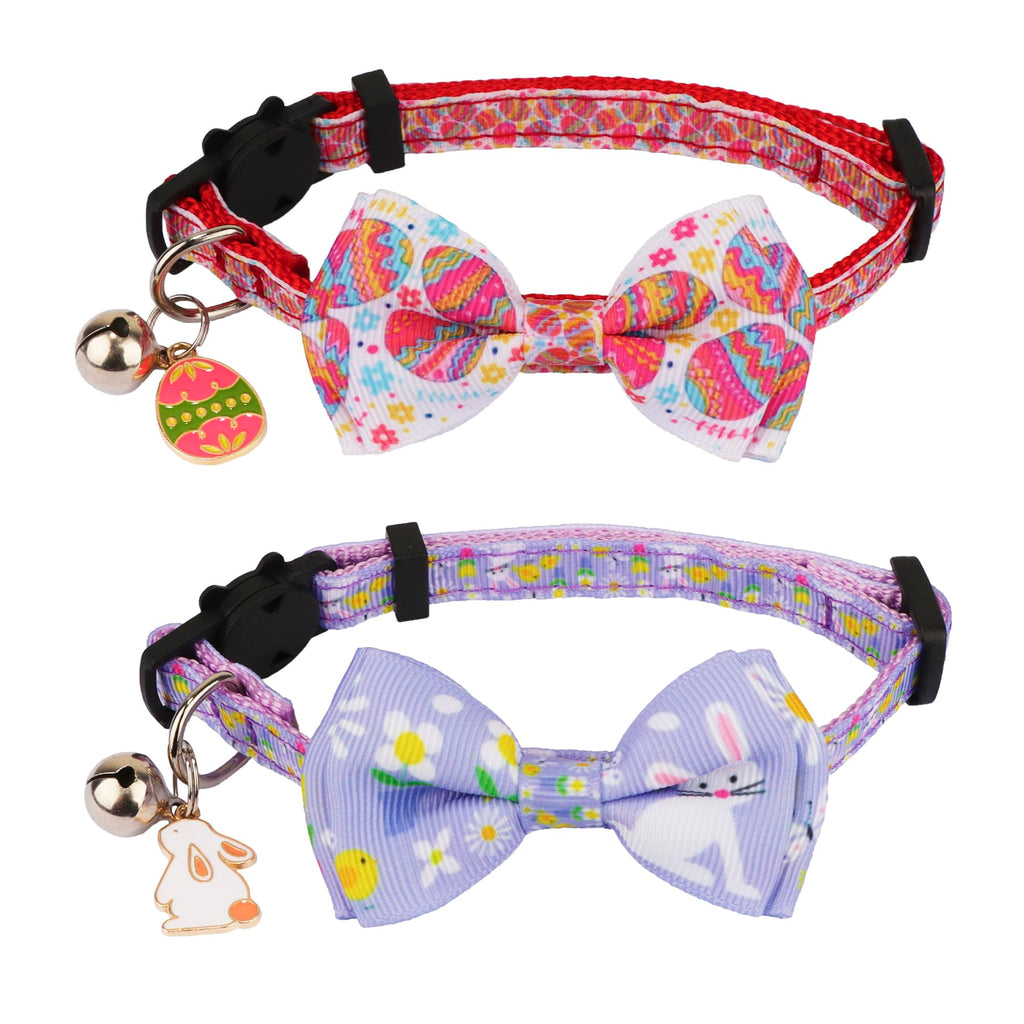 ADOGGYGO Easter Cat Collars with Bow Bell, Breakaway Kitten Bowtie Collar Red Purple Eggs Rabbit Easter Collars for Girl Boy Cats Kittens