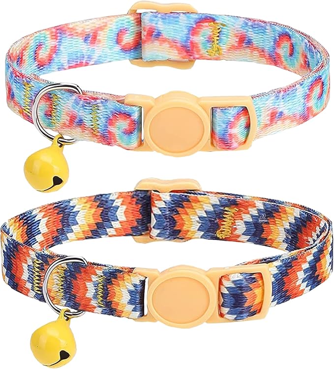 SOLMOONY Cute Cat Collar for Girl Boy,Colorful Breakaway Cat Collars with Bell 2 Pack，Adjustable Printed Nylon with Safety Buckles Kitten Collar (Cactus)
