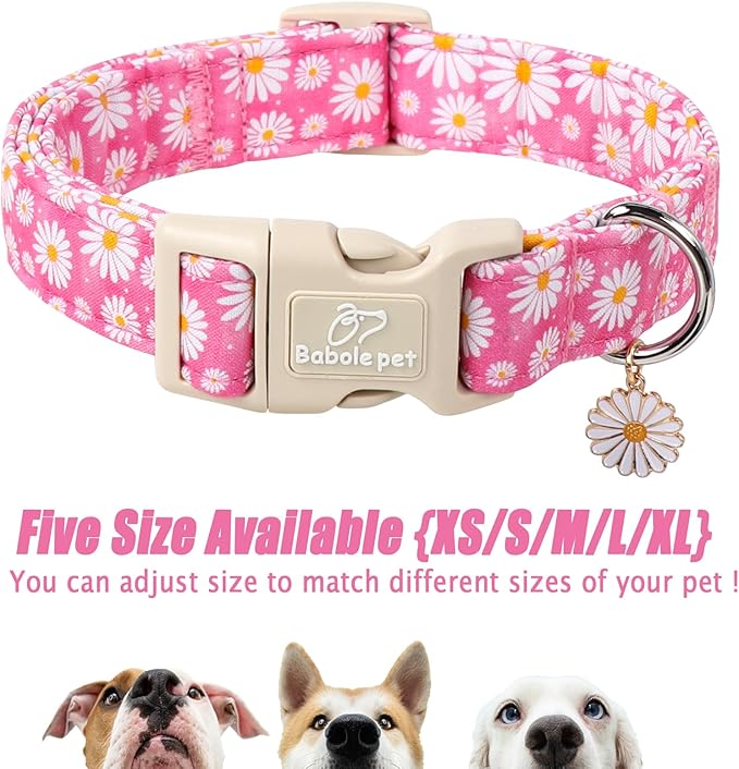 Babole Pet Summer Daisy Dog Collar, Cute Floral Adjustable Pink Dog Collars for Large Dogs, Lightweight Quick-Release Buckle Collar for Boy&Girl Dogs L
