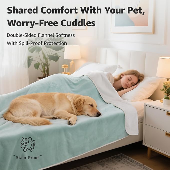 LOOBANI Waterproof Blanket for Bed: Reversible Soft Flannel Twin Bed Blanket 60" x 80", Leakproof Throw Spill-Proof Dog Pet Blanket for Couch, Sofa Protect, Movie Time, Camping, Travel, Green