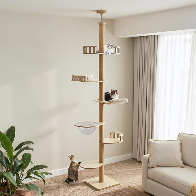 Erinnyees Cat Tree, Floor to Ceiling Cat Tree Height (86-110 in) Adjustable Cat Tower 6 Tier Hemp Scratching Post Cats Activity Center Removable Washable Pads