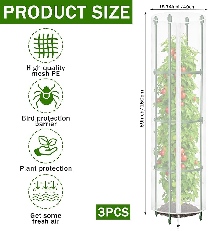 HFYZZ 3 Pcs Round Tomato Cage Bird Netting Plant Cover, 59" x 15.7" Insect Bird Barrier Tomato Cage Protection Cover with Zipper & Drawstring for Protecting Tomatoes, Fruit, Trellis Plants