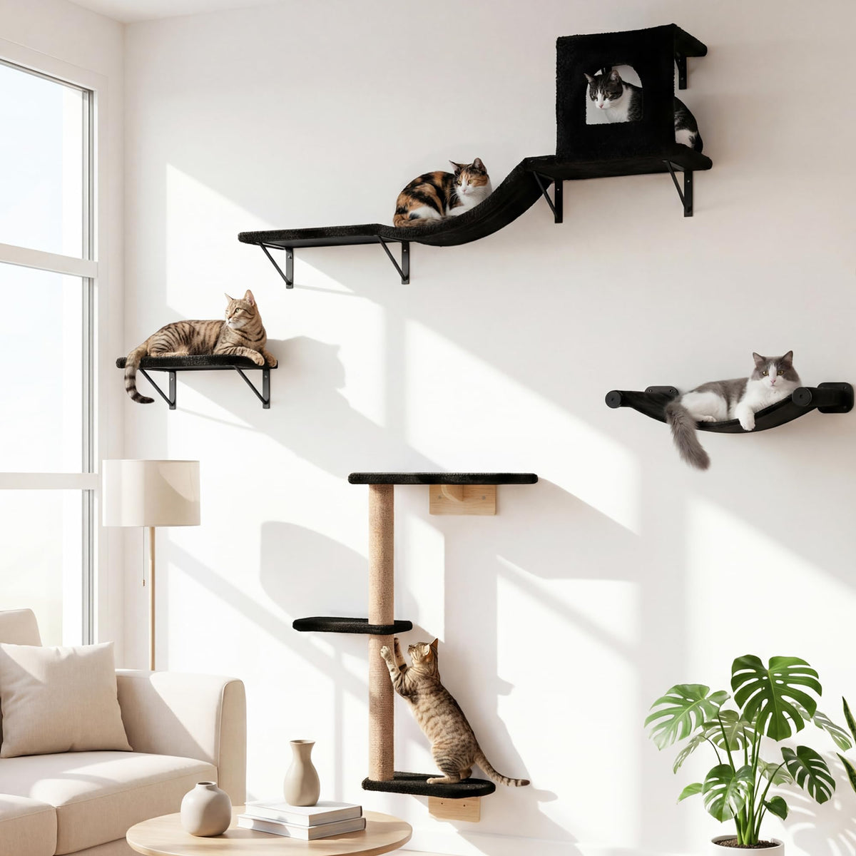 PELUOMOZ Wall Mounted Cat Furniture Set of 4 – 4 in 1 Cat Wall Shelves with Hammock, Bridge, Climbing Tree & Perch – Shelves for Large Cats, Holds Up to 30 lbs, Indoor Playground