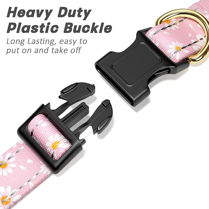 TMOODEL Reflective Dog Collar for Medium Dogs, Cute Daisy Theme Adjustable Heavy-Duty Nylon Puppy Collar for Boy and Girl Female, Soft Pet Accessories with Quick Release Buckle, Neck 14-20", Pink