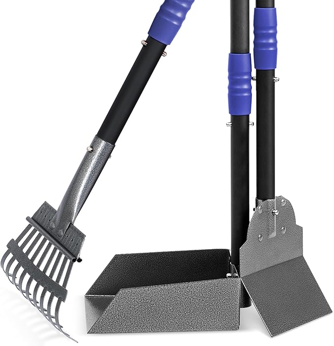 Dog Pooper Scooper, Dog Poop Tray and Rake Set with Long Stainless Handles