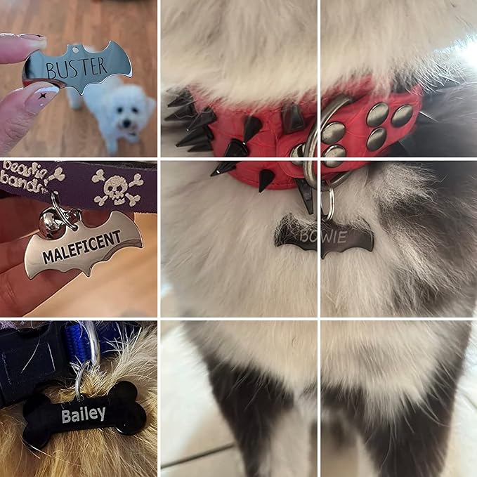 316 Surgical Grade Stainless Steel Personalized Dog & Cat ID Tags - Engraved Name or Text for Pet Collar Accessories, Original Funny Shapes (Bat)
