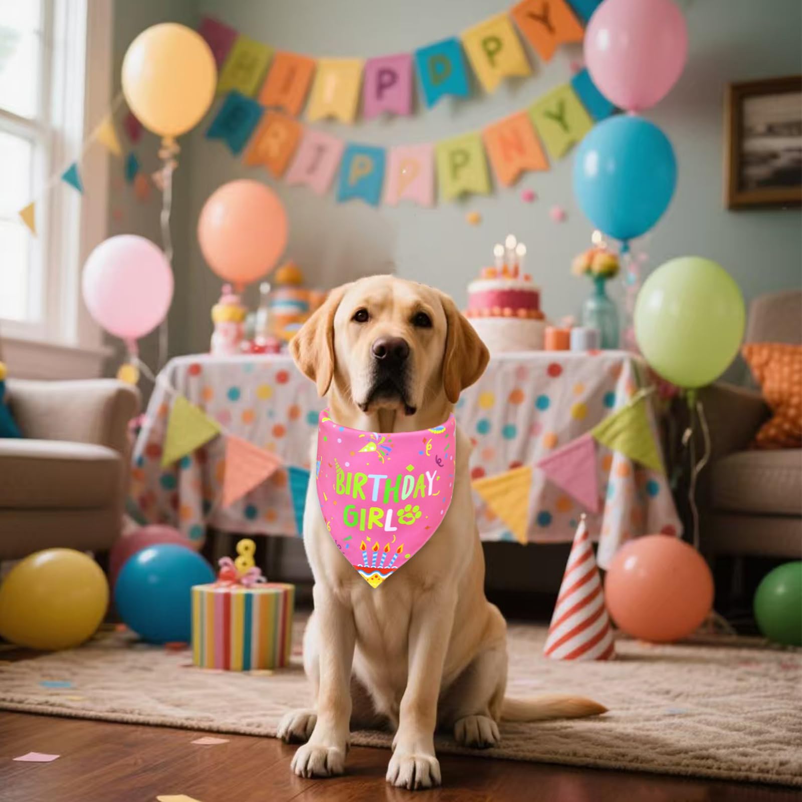 WoffBow Dog Birthday Girl Bandana for Large Dogs, Reversible Pink Scarf