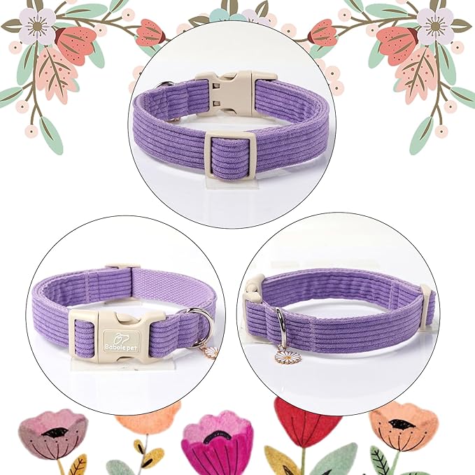 Cute Corduroy Dog Collar - Lavender Adjustable Dog Collars for X-Small Dogs 4-10lbs, Fade-Proof with Secure Snap & Little Charm, Christmas Birthday Gift, XS