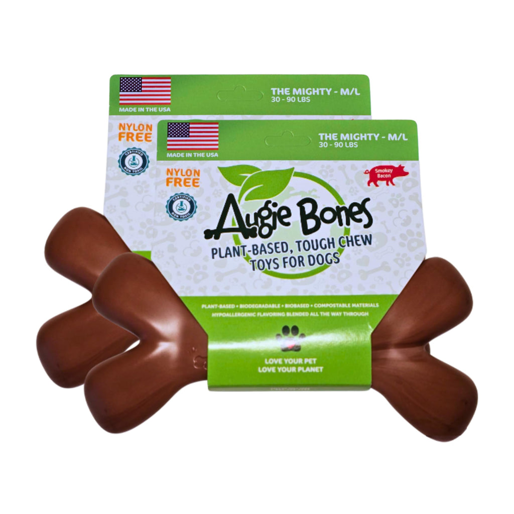 Augie Bones 2-Pack Non-Toxic Dog Toys - Sustainable Bacon Flavored Dog Chew Toys for Aggressive Chewers - Plant-Based Bioplastic Pet Toys - Made in The USA (Mighty)