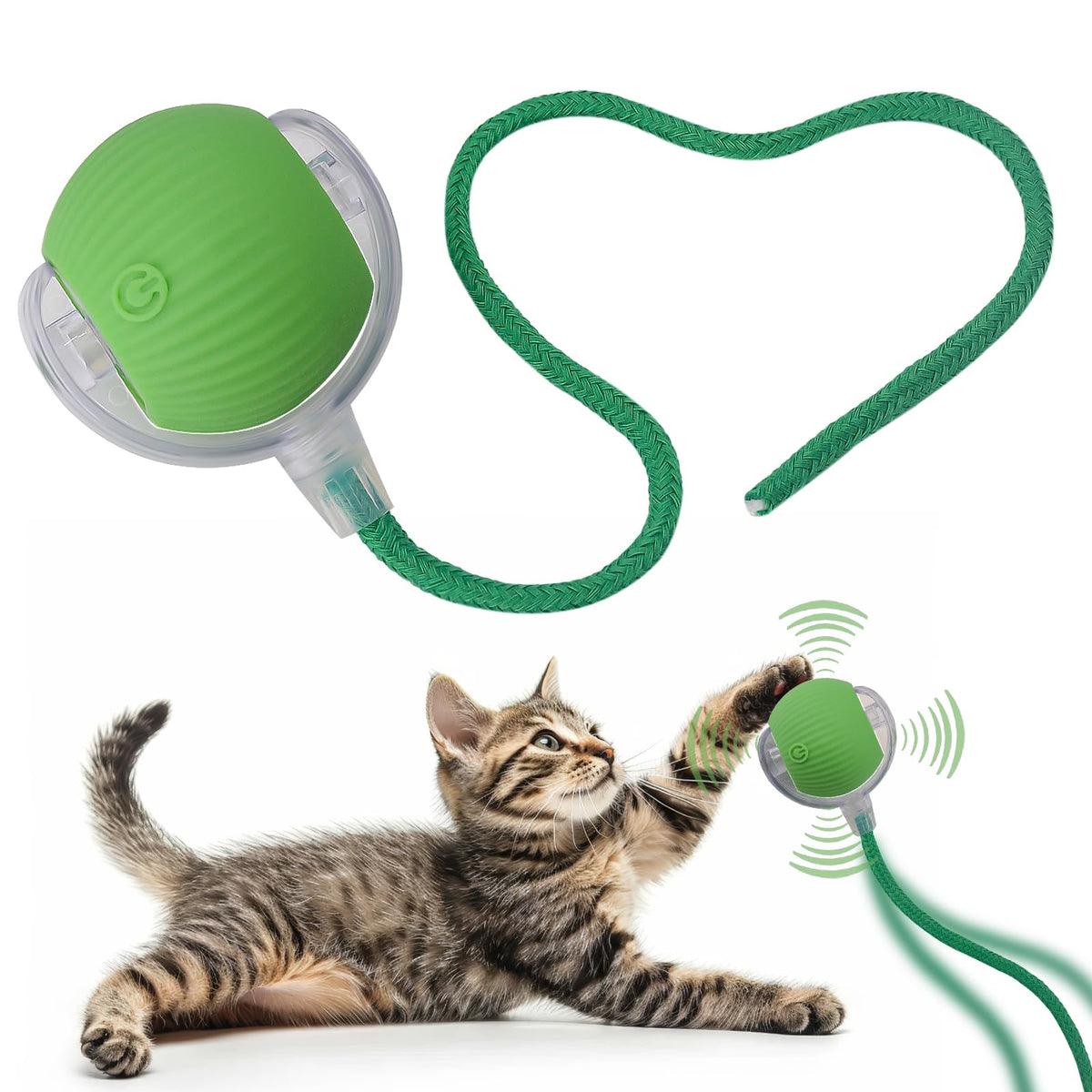 Interactive Cat Dog Toy Ball with LED Light, Automatic Rolling(Green)