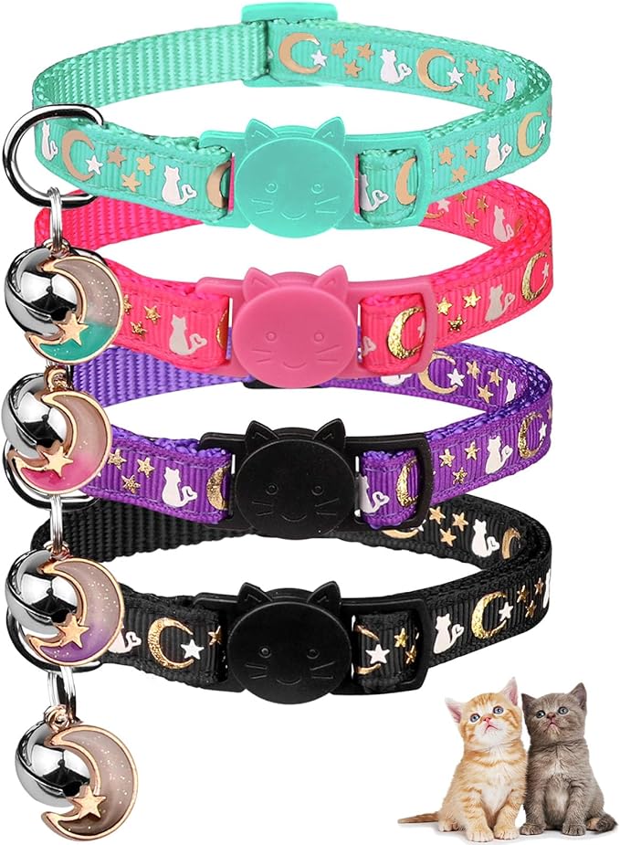 4PCS Cat Collar with Bells,Breakaway Cat Collars,Kitten Collar with Bell Moons Stars Cute Kitty Safe with Pendant,Cat Collars for Girl Cats 6.9-10.7 Inch(Black&Purple&Pink&Teal)