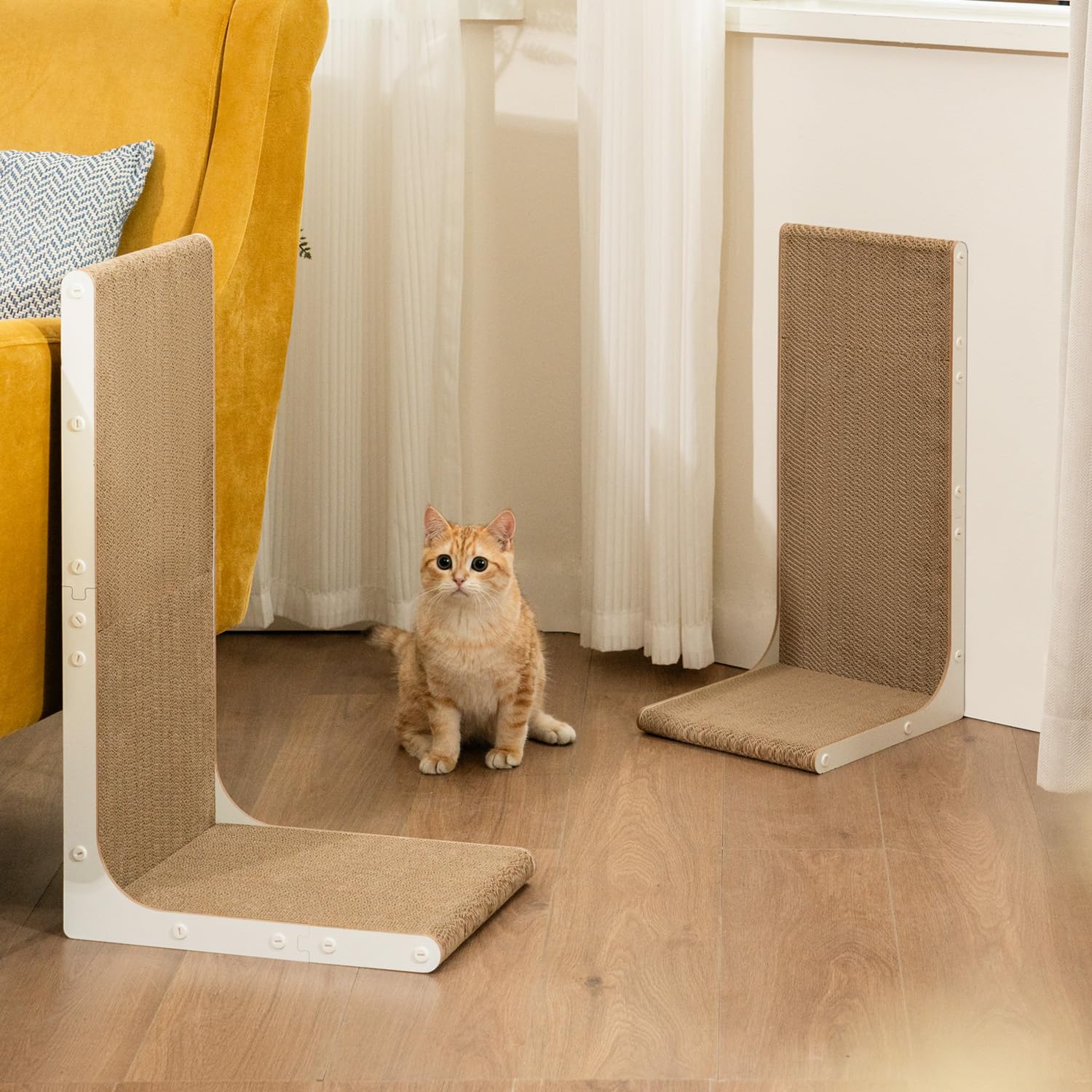 Conlun Cardboard Cat Scratcher, 23" L-Shaped Scratch Pad, Vertical Wall-Leaning Scratching Board to Protect Furniture for Indoor Cats, White