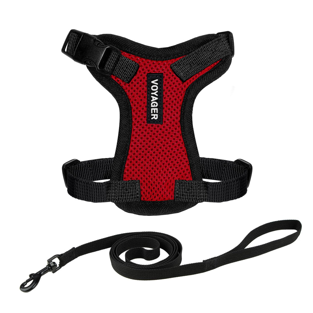 Voyager Escape-Proof Step-in Lock Cat Harness & 5ft Neoprene-Handle Leash Set All-Weather Mesh with Reflective Stitching for Small to Large Cats by Best Pet Supplies, Red/Black Trim, XXXS