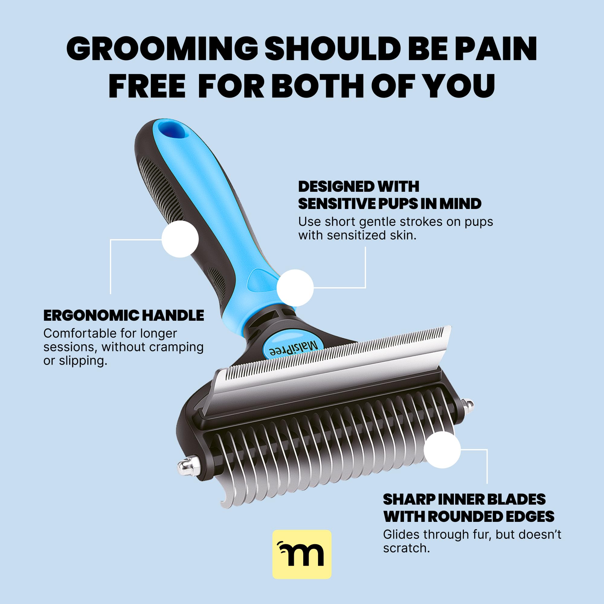 MalsiPree Dog Brush for Shedding - Large Blue, 2-in-1 Deshedding Rake