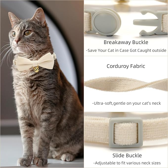 Soft Corduroy Cat Collar, Plaid Pattern, with Bell and Bowtie, Quick Release,Safety Breakaway Clasp, Adjustable for Kitten and Cats.(White+Green)