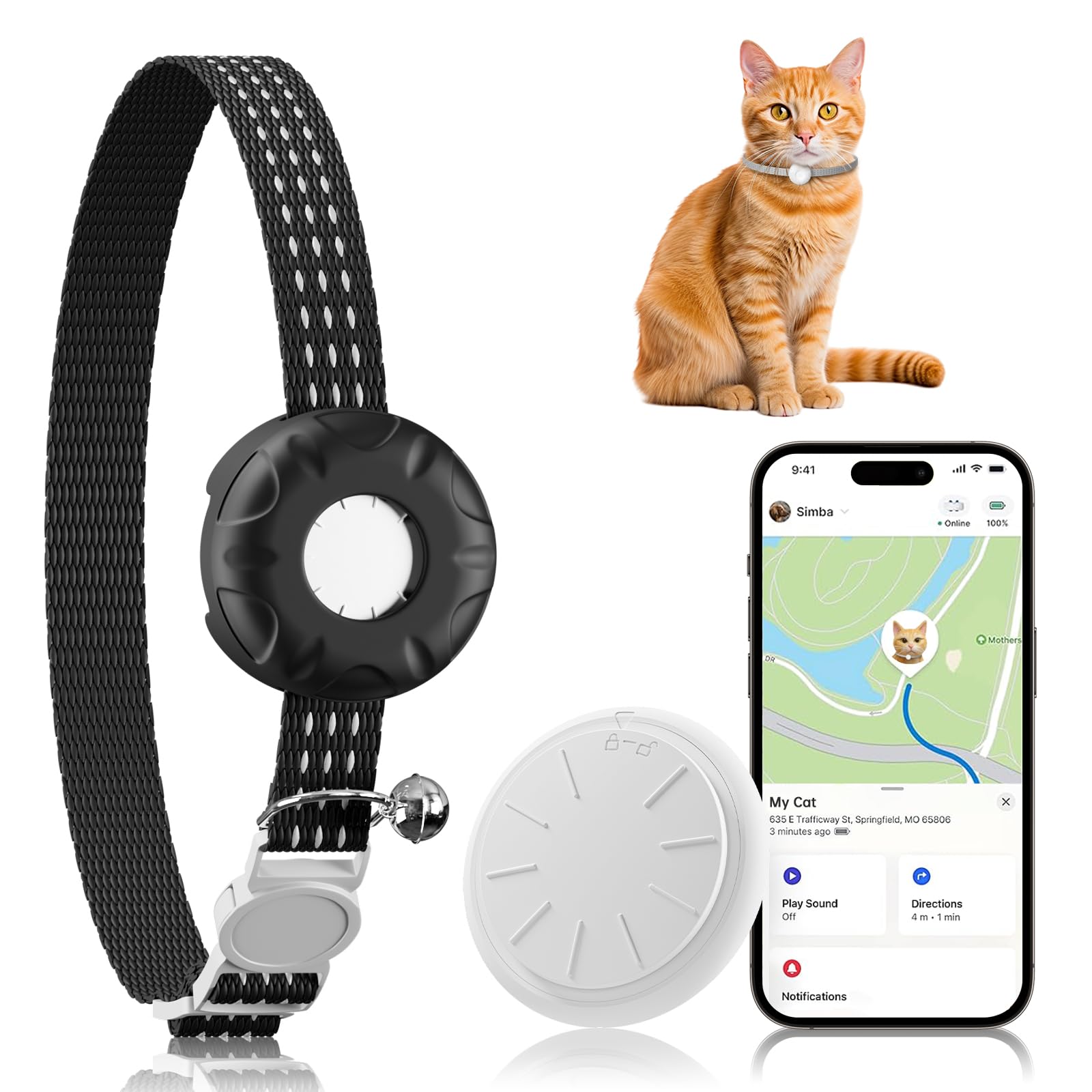 GPS Tracker for Cats-No Monthly Fee, Waterproof Cat Tracker,Real-Time Cat Collar for Pets,Kids,Luggage & Assets | 367-Day Battery Life|GPS Tracker Compatible with Apple Find My App (Only iOS) (Black)