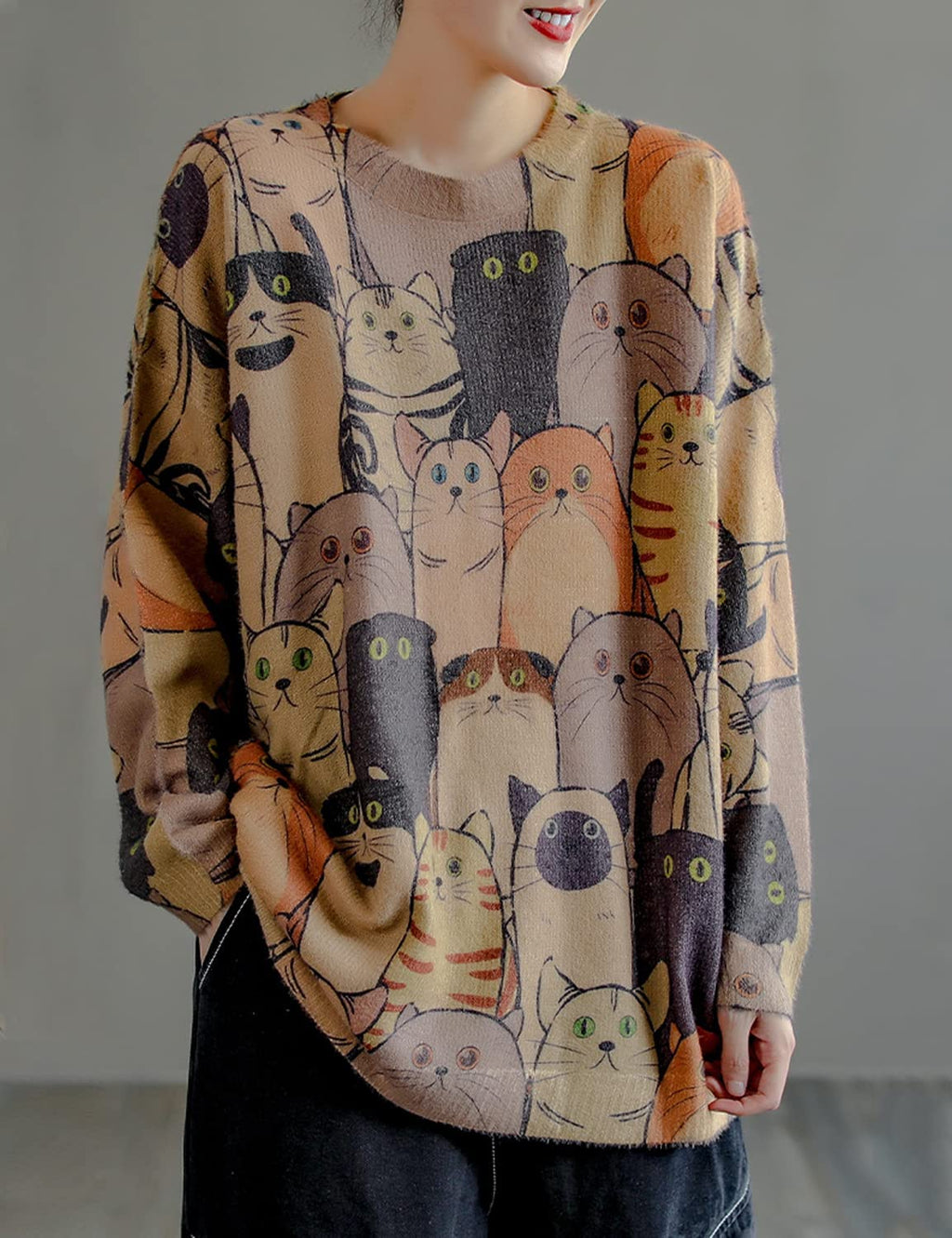 YESNO Women Sweater Graphic Oversized Pullover Sweaters Casual Loose Long Sleeve Knit Tops (3XL S01 CR63)