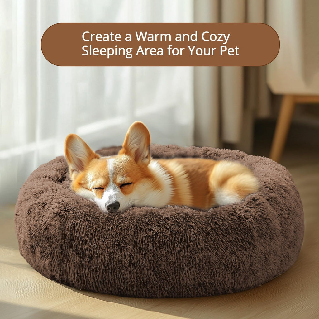 JOLLYVOGUE Calming Dog Beds Large Sized Dog, 36in Donut Washable Large Pet Bed, Anti-Slip & Anti-Anxiety Fluffy Faux Fur Round Dogs Bed, Fits up to 80 lbs Pets (Coffee)