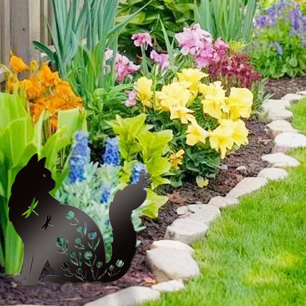 Bnesi Outdoor Cat Decorations, Floral Cat Memorial Grave Marker Yard Stake