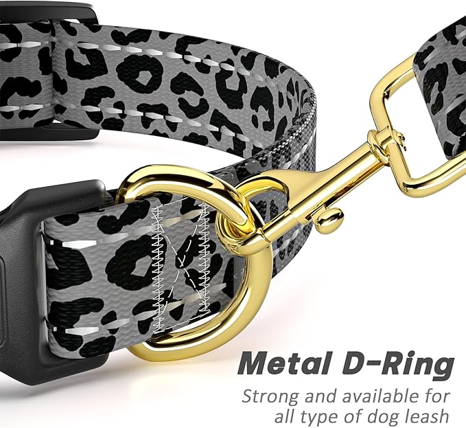 TMOODEL Reflective Dog Collar for Large Dogs, Cute Leopard Style Adjustable Heavy-Duty Nylon Puppy Collar for Boy and Girl Female, Soft Pet Accessories with Quick Release Buckle, Gray
